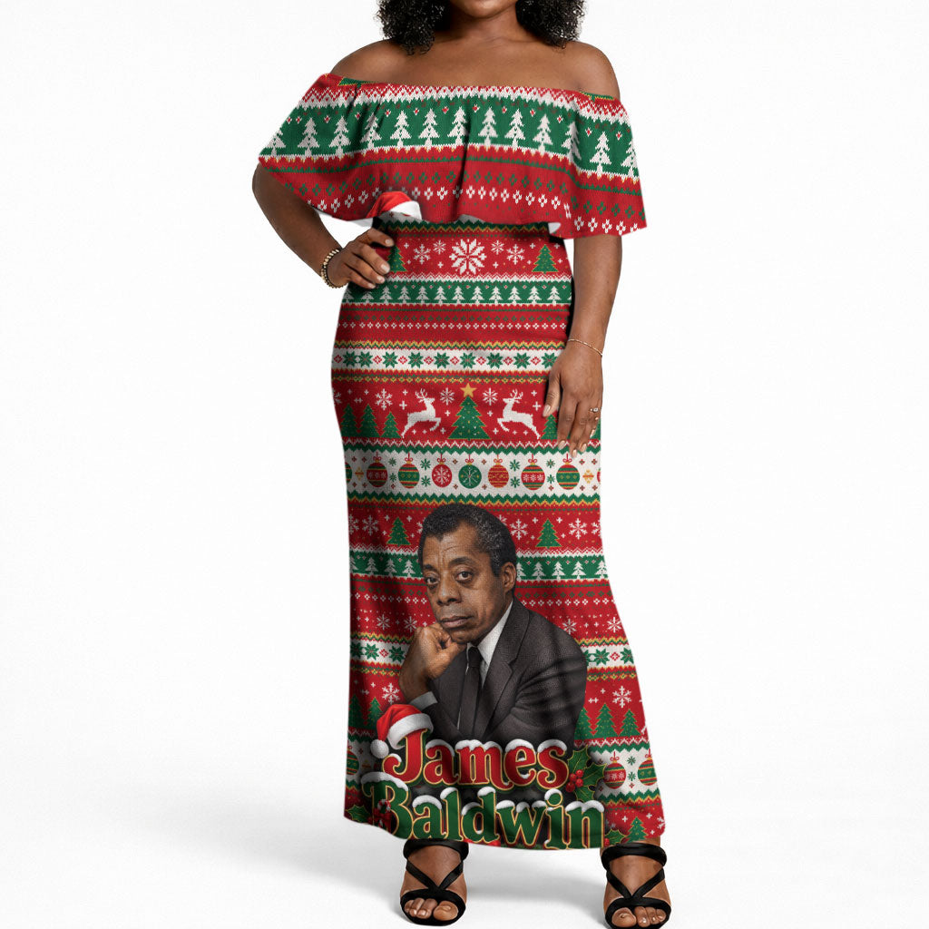 James Baldwin Christmas Off Shoulder Maxi Dress African American Author Ugly Christmas Pattern Retro