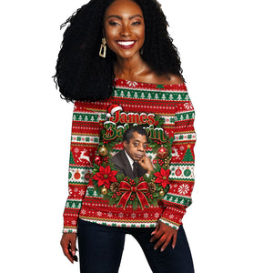 James Baldwin Christmas Off Shoulder Sweater African American Author Ugly Christmas Pattern Retro