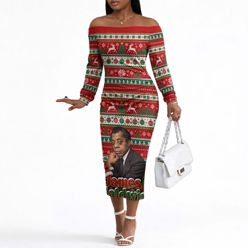 James Baldwin Christmas Off The Shoulder Long Sleeve Dress African American Author Ugly Christmas Pattern Retro