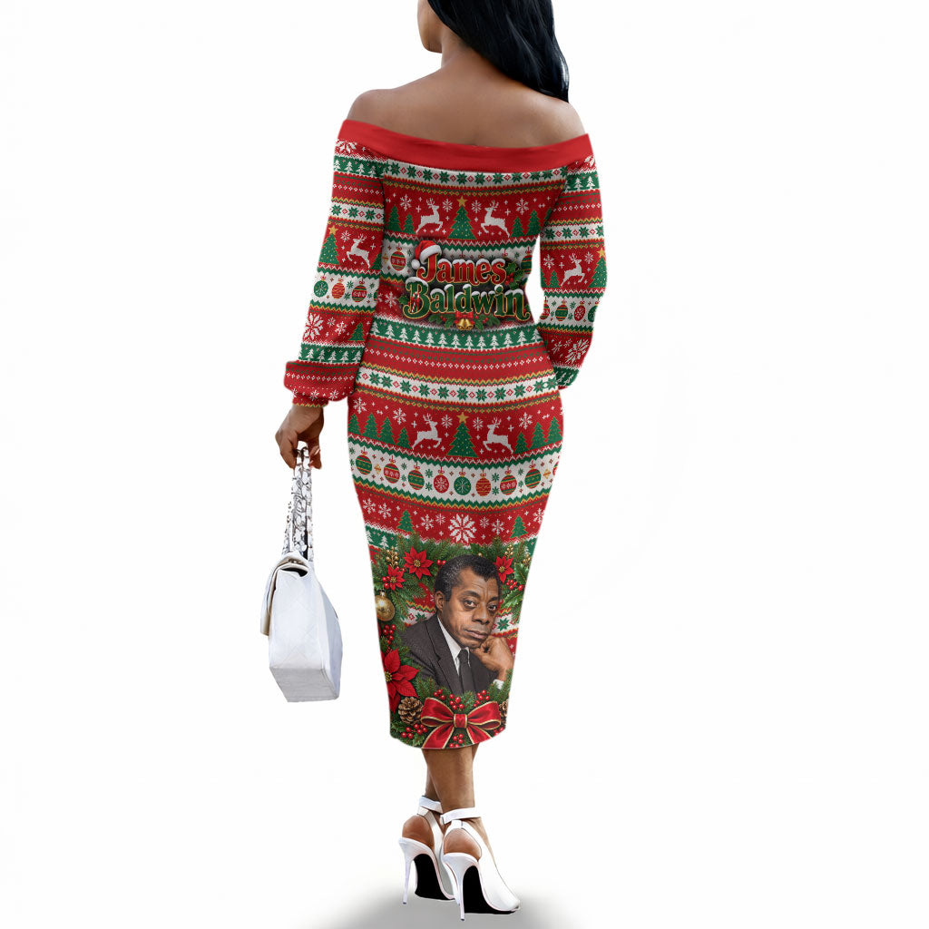 James Baldwin Christmas Off The Shoulder Long Sleeve Dress African American Author Ugly Christmas Pattern Retro