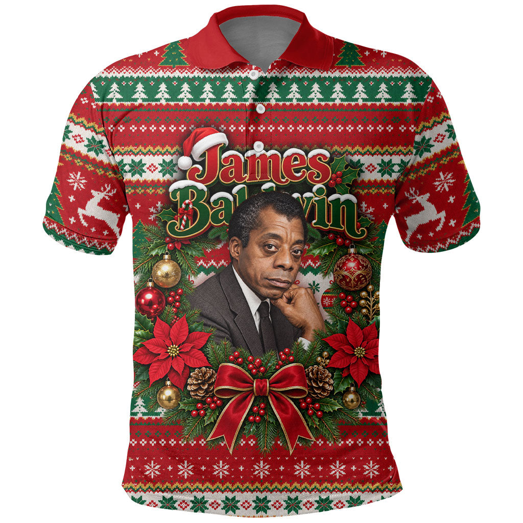 James Baldwin Christmas Polo Shirt African American Author Ugly Christmas Pattern Retro