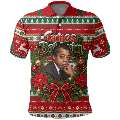 James Baldwin Christmas Polo Shirt African American Author Ugly Christmas Pattern Retro