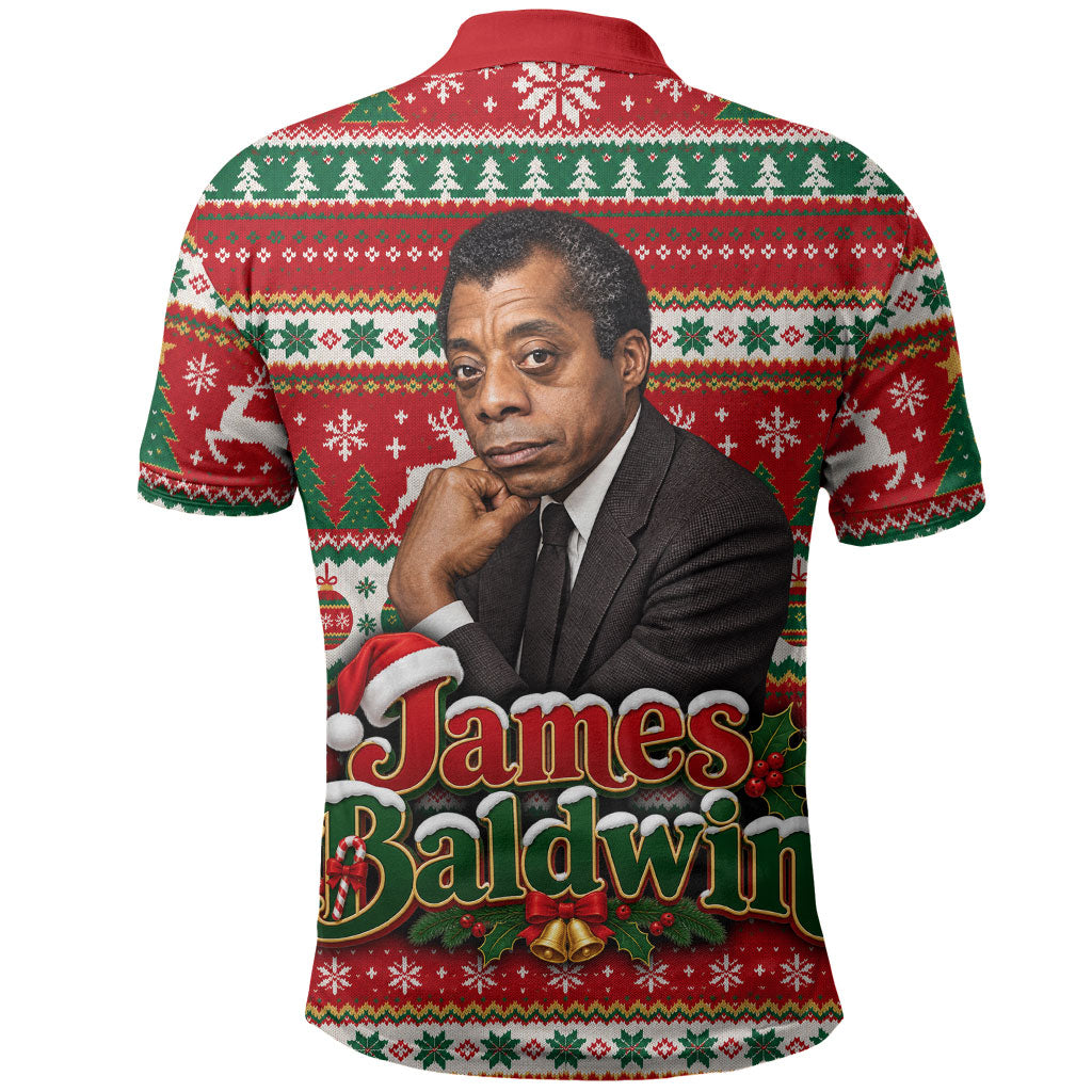 James Baldwin Christmas Polo Shirt African American Author Ugly Christmas Pattern Retro
