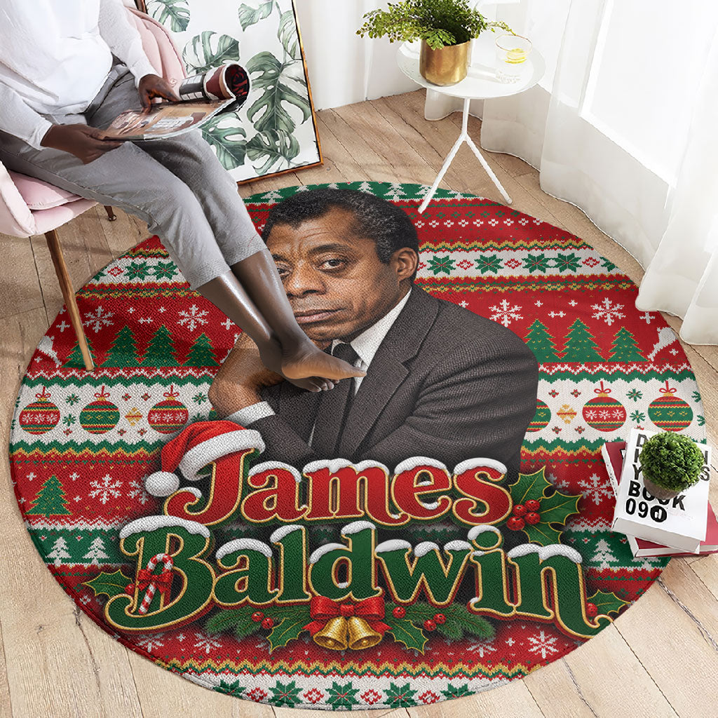 James Baldwin Christmas Round Carpet African American Author Ugly Christmas Pattern Retro