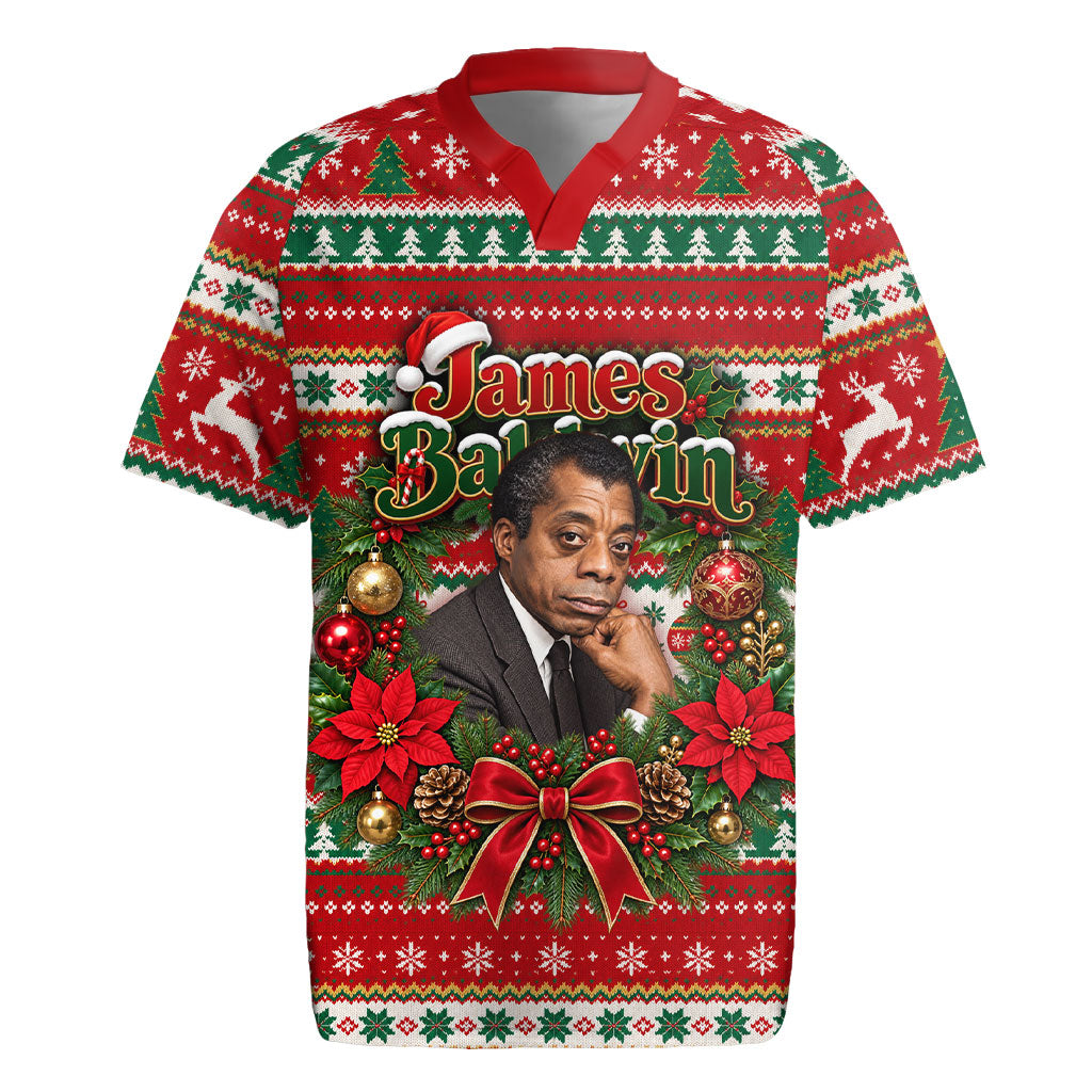 James Baldwin Christmas Rugby Jersey African American Author Ugly Christmas Pattern Retro