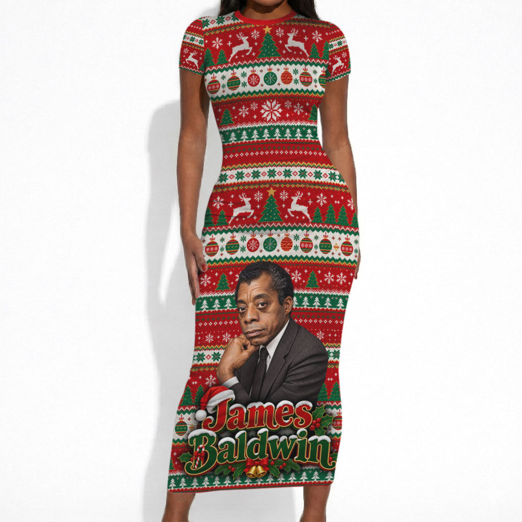 James Baldwin Christmas Short Sleeve Bodycon Dress African American Author Ugly Christmas Pattern Retro