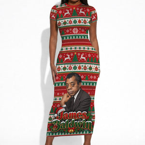 James Baldwin Christmas Short Sleeve Bodycon Dress African American Author Ugly Christmas Pattern Retro