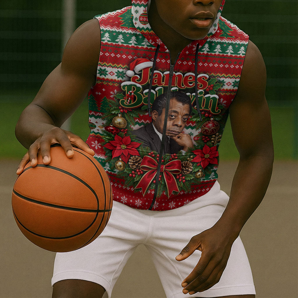 James Baldwin Christmas Sleeveless Zip Hoodie African American Author Ugly Christmas Pattern Retro