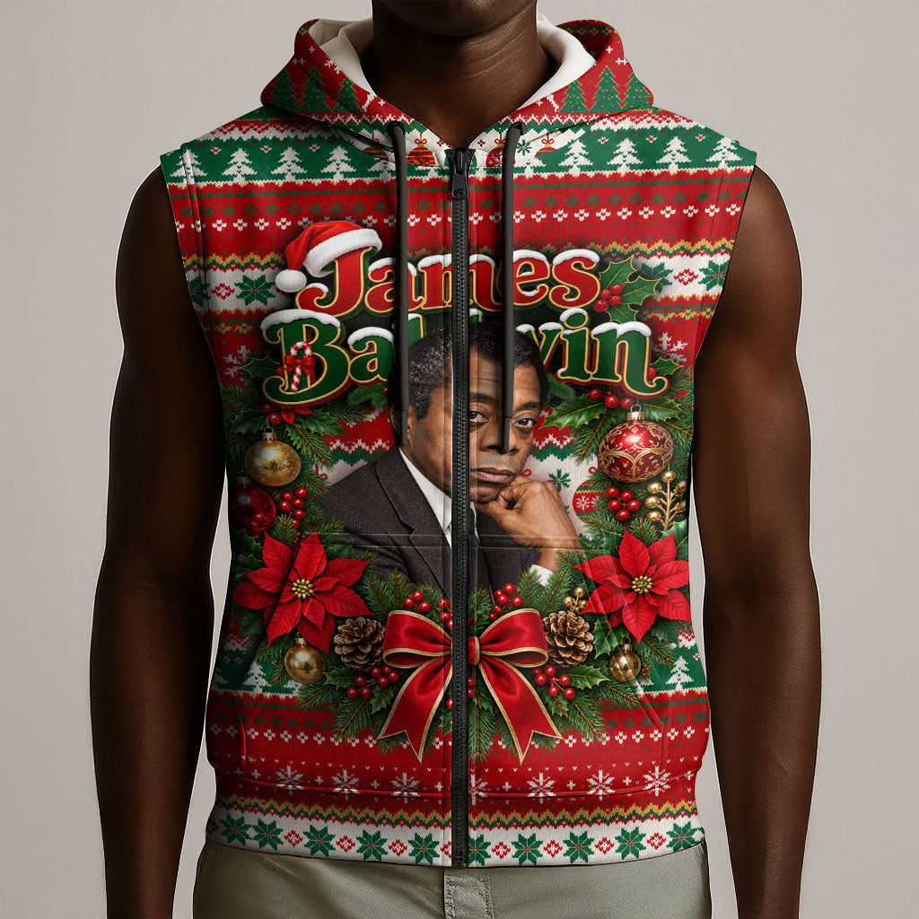 James Baldwin Christmas Sleeveless Zip Hoodie African American Author Ugly Christmas Pattern Retro