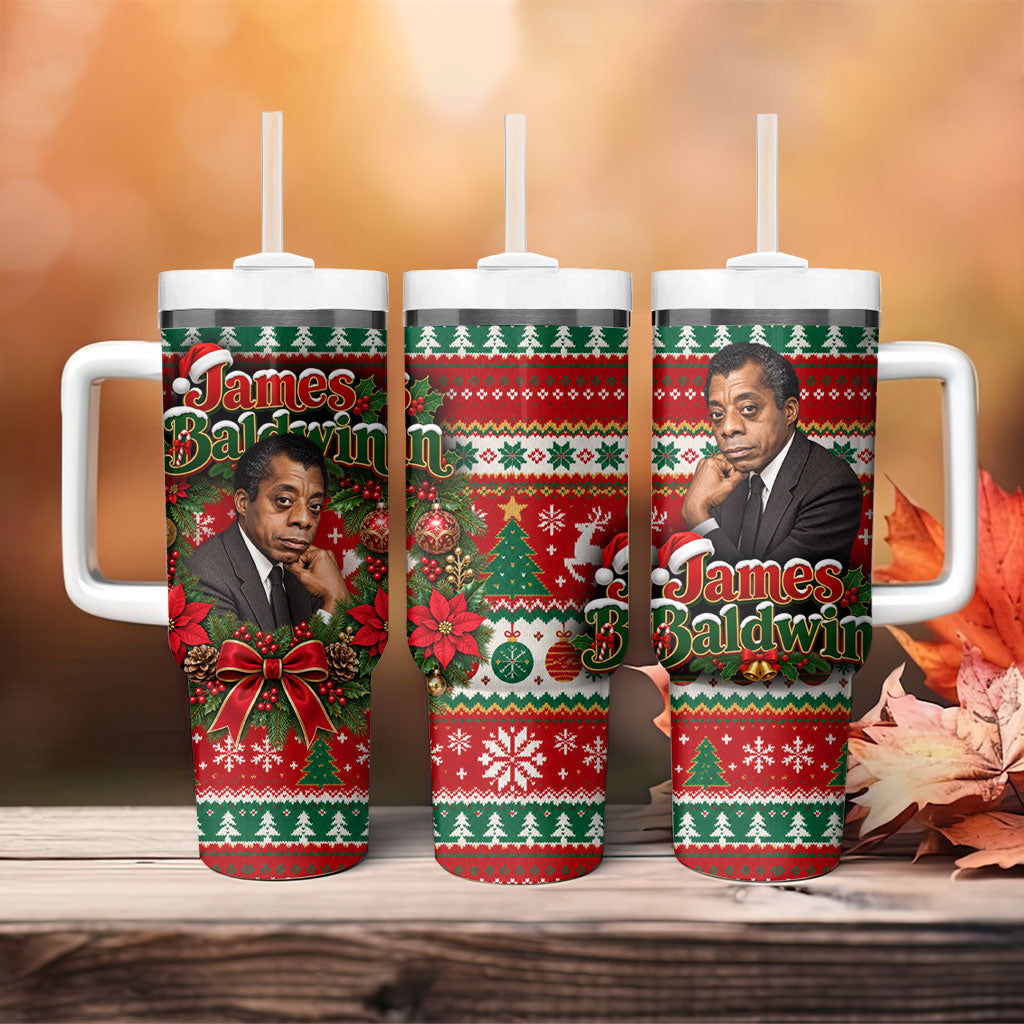 James Baldwin Christmas Tumbler With Handle African American Author Ugly Christmas Pattern Retro