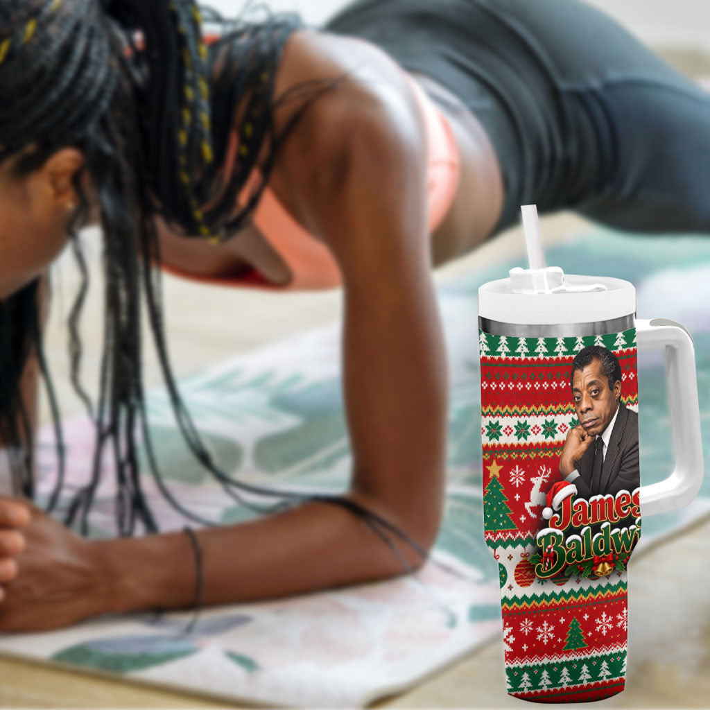 James Baldwin Christmas Tumbler With Handle African American Author Ugly Christmas Pattern Retro