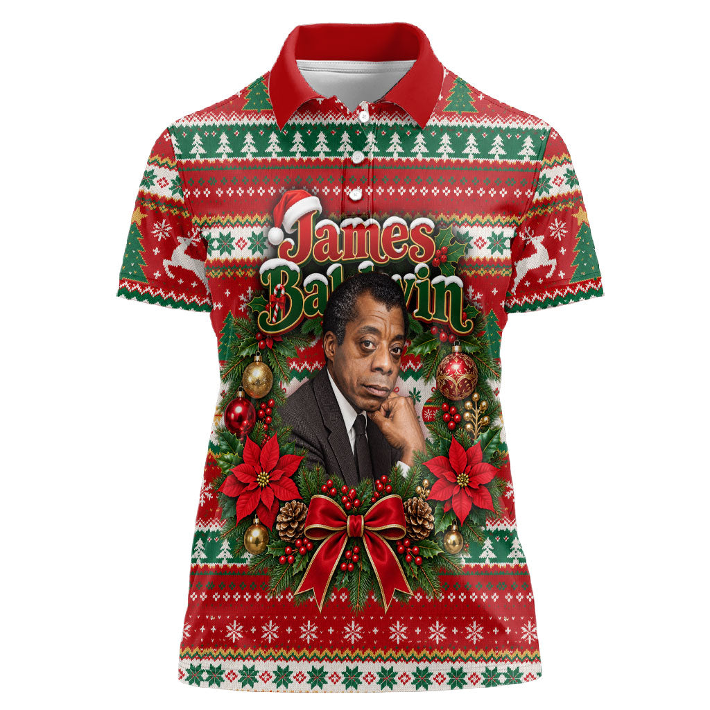 James Baldwin Christmas Women Polo Shirt African American Author Ugly Christmas Pattern Retro
