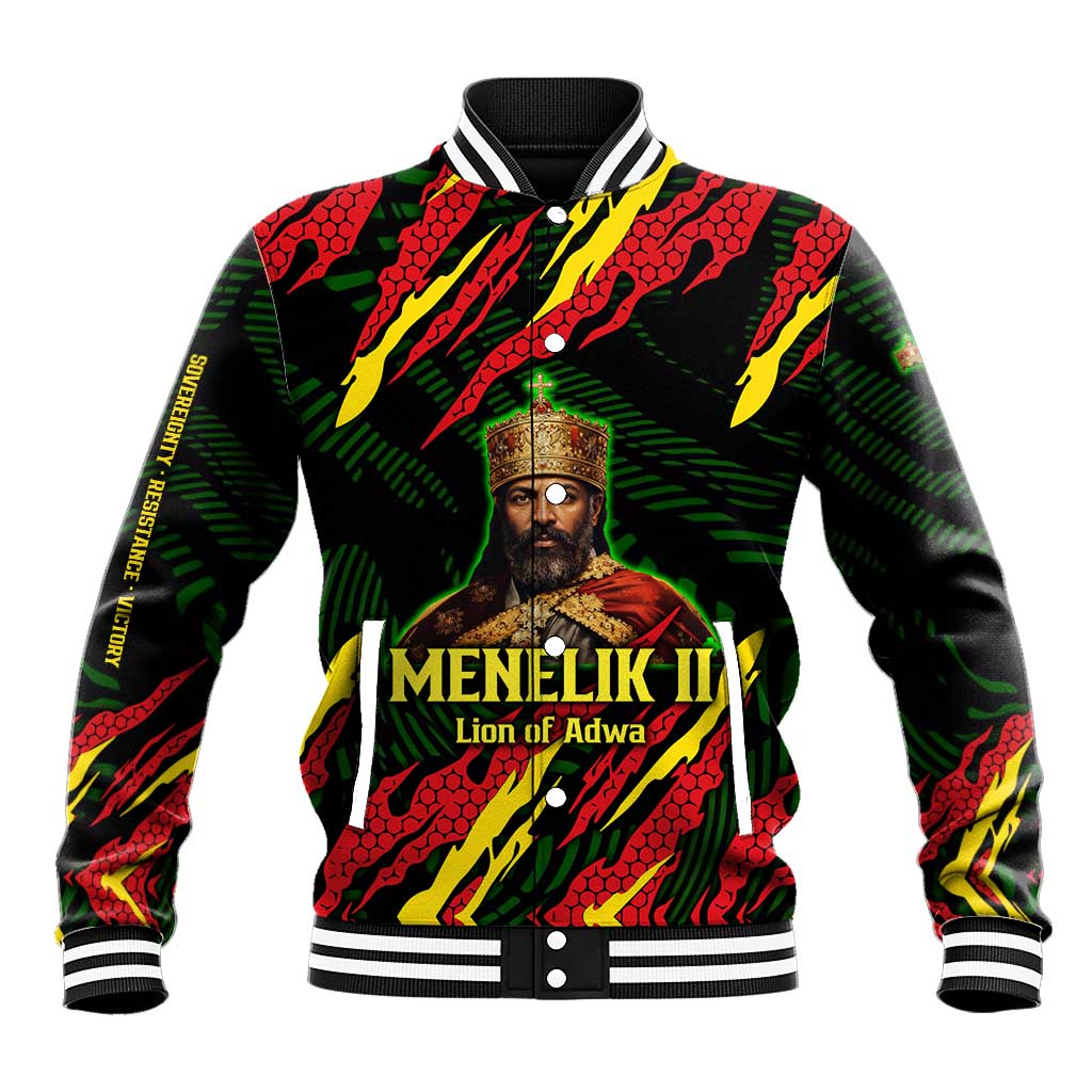 Menelik II Baseball Jacket with Lion of Adwa Title, Battle of Adwa 1896 Graphic and Bold Pan-African - African Pride