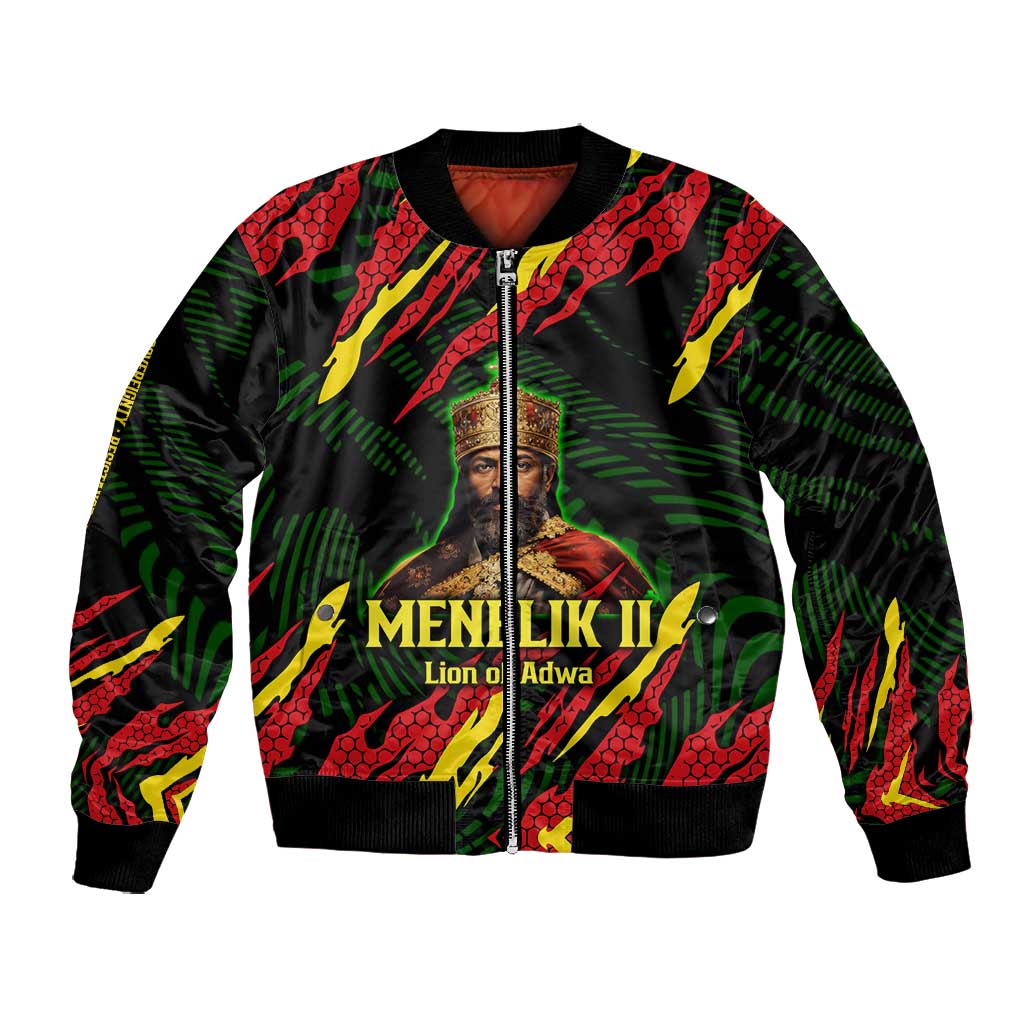Menelik II Bomber Jacket with Lion of Adwa Title, Battle of Adwa 1896 Graphic and Bold Pan-African - African Pride