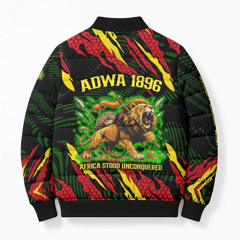 Menelik II Bomber Puffer Jacket with Lion of Adwa Title, Battle of Adwa 1896 Graphic and Bold Pan-African - African Pride