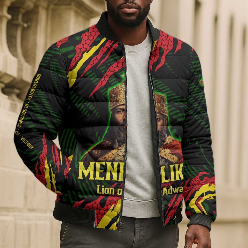 Menelik II Bomber Puffer Jacket with Lion of Adwa Title, Battle of Adwa 1896 Graphic and Bold Pan-African - African Pride
