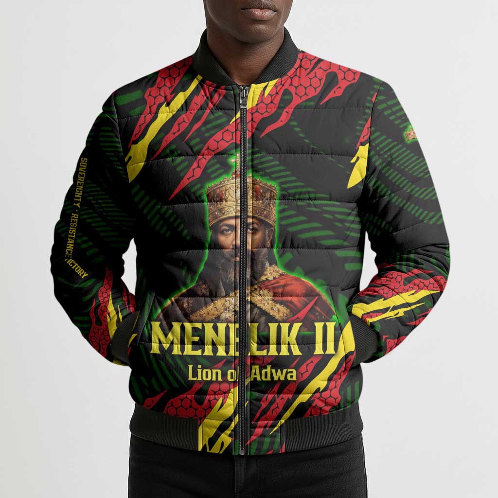 Menelik II Bomber Puffer Jacket with Lion of Adwa Title, Battle of Adwa 1896 Graphic and Bold Pan-African - African Pride