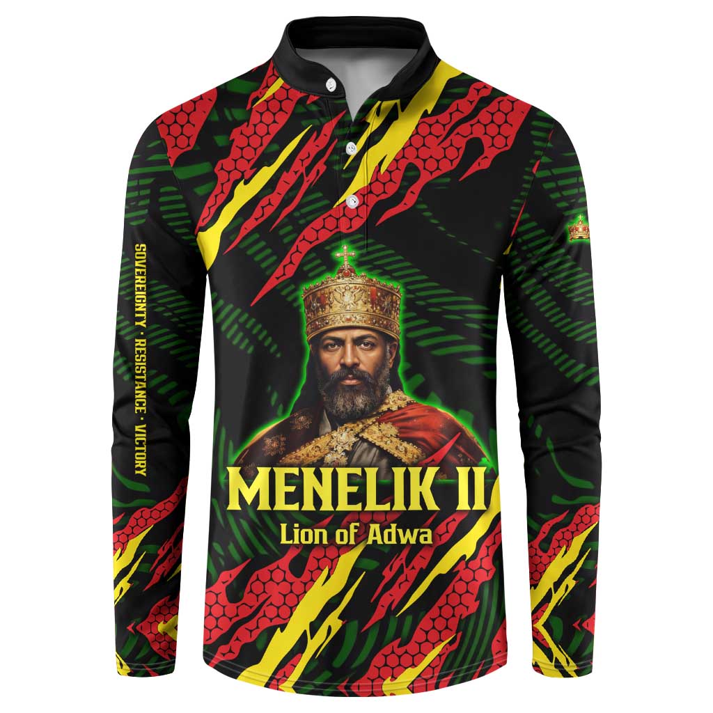 Menelik II Button Sweatshirt with Lion of Adwa Title, Battle of Adwa 1896 Graphic and Bold Pan-African