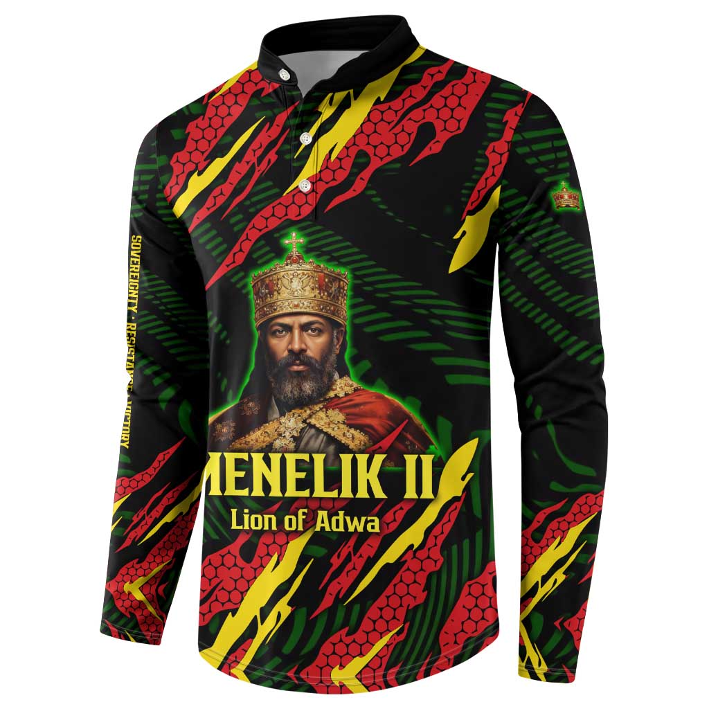 Menelik II Button Sweatshirt with Lion of Adwa Title, Battle of Adwa 1896 Graphic and Bold Pan-African