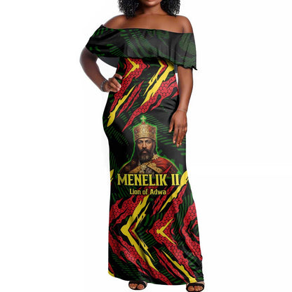 Menelik II Off Shoulder Maxi Dress with Lion of Adwa Title, Battle of Adwa 1896 Graphic and Bold Pan-African - African Pride