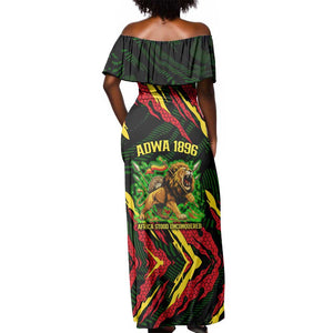 Menelik II Off Shoulder Maxi Dress with Lion of Adwa Title, Battle of Adwa 1896 Graphic and Bold Pan-African - African Pride