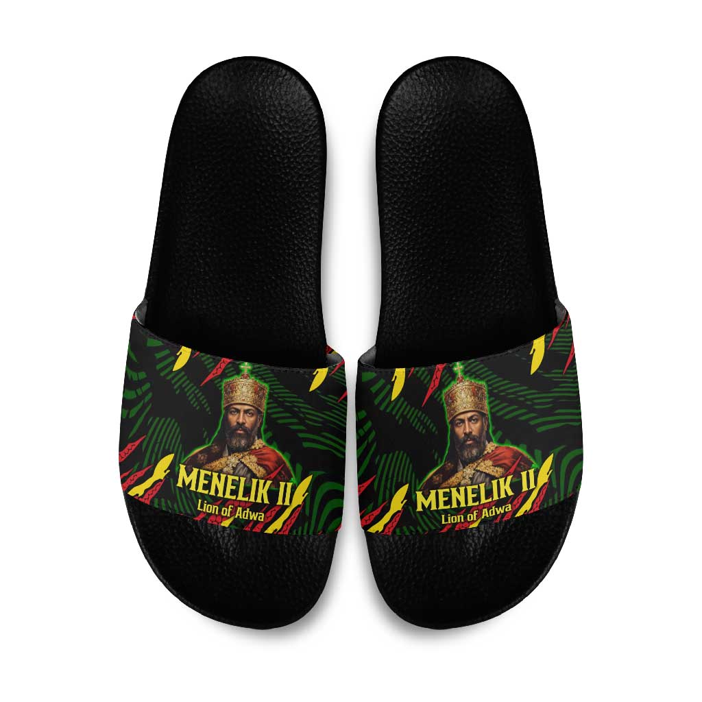 Menelik II Slide Sandals with Lion of Adwa Title, Battle of Adwa 1896 Graphic and Bold Pan-African - African Pride