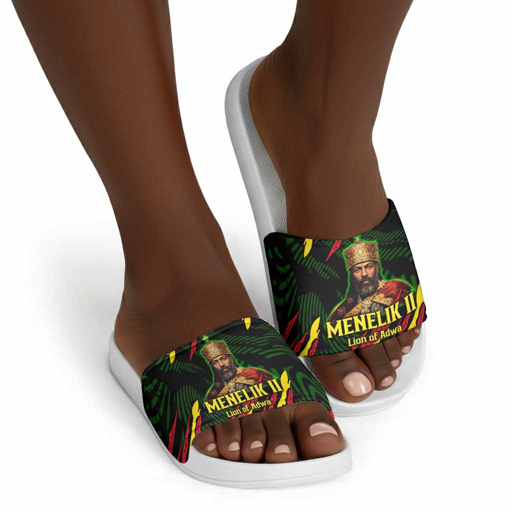 Menelik II Slide Sandals with Lion of Adwa Title, Battle of Adwa 1896 Graphic and Bold Pan-African - African Pride