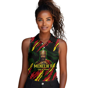 Menelik II Women Sleeveless Polo Shirt with Lion of Adwa Title, Battle of Adwa 1896 Graphic and Bold Pan-African - African Pride