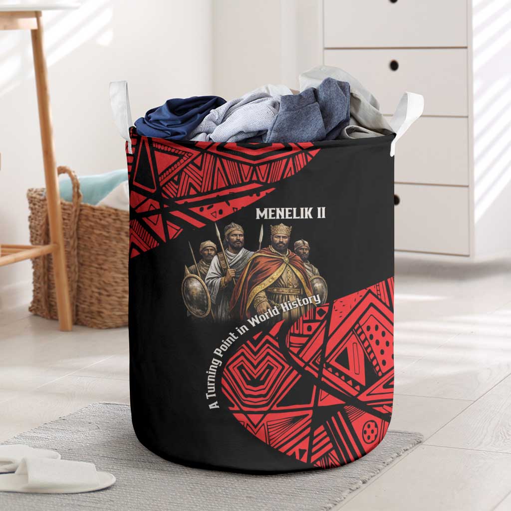Menelik II Laundry Basket with Adwa Victory Map, Africa Defeated an Empire Text and Red Geometric - African Pride
