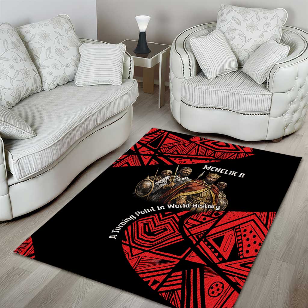 Menelik II Area Rug with Adwa Victory Map, Africa Defeated an Empire Text and Red Geometric - African Pride
