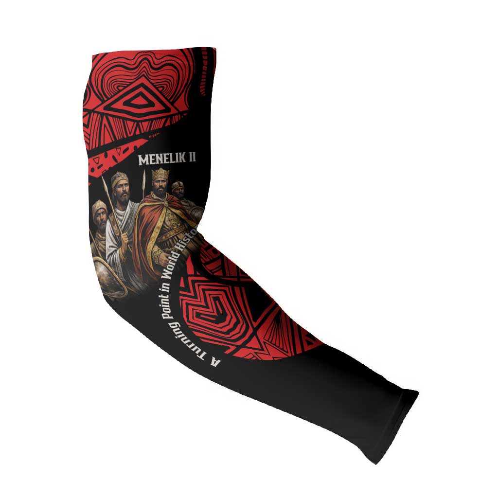 Menelik II Arm Sleeves with Adwa Victory Map, Africa Defeated an Empire Text and Red Geometric - African Pride