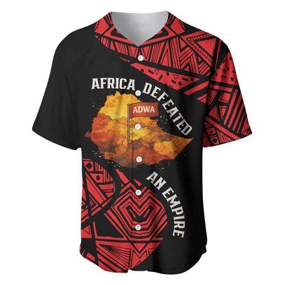 Menelik II Baseball Jersey with Adwa Victory Map, Africa Defeated an Empire Text and Red Geometric - African Pride