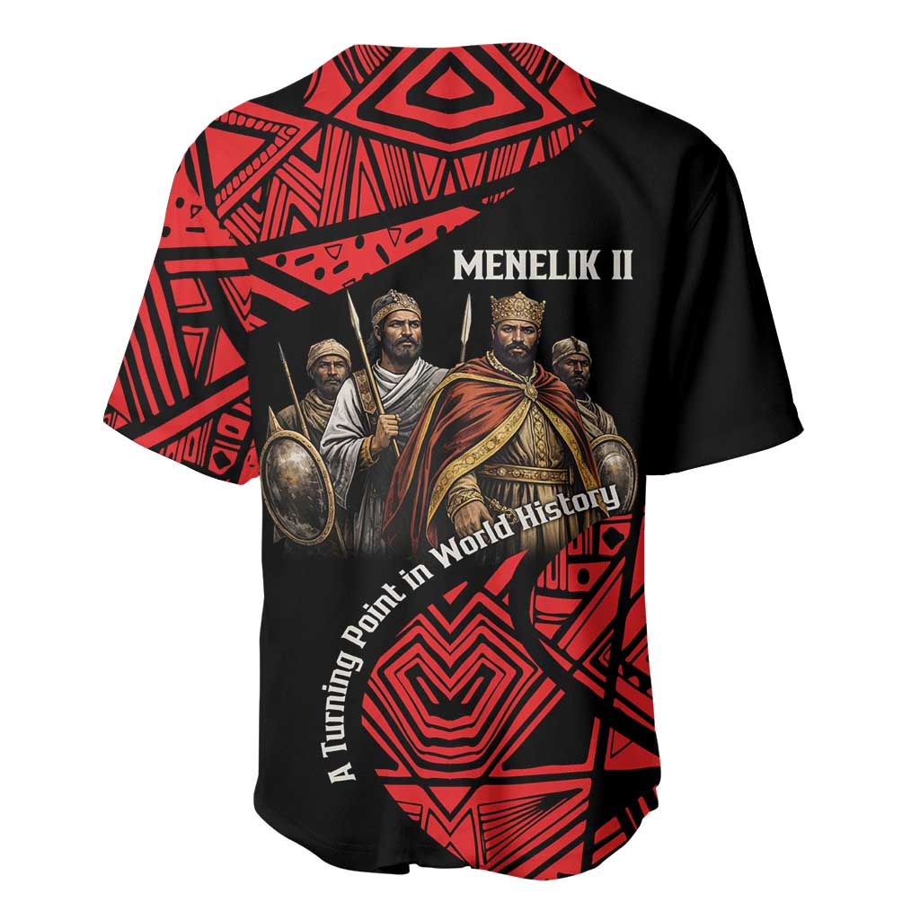 Menelik II Baseball Jersey with Adwa Victory Map, Africa Defeated an Empire Text and Red Geometric - African Pride