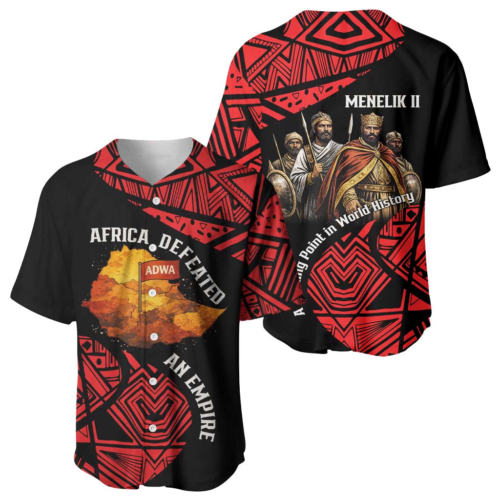 Menelik II Baseball Jersey with Adwa Victory Map, Africa Defeated an Empire Text and Red Geometric - African Pride