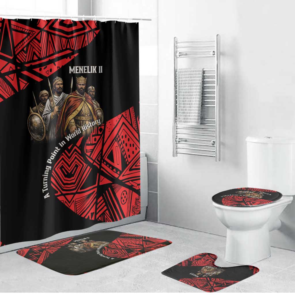 Menelik II Bathroom Set with Adwa Victory Map, Africa Defeated an Empire Text and Red Geometric - African Pride