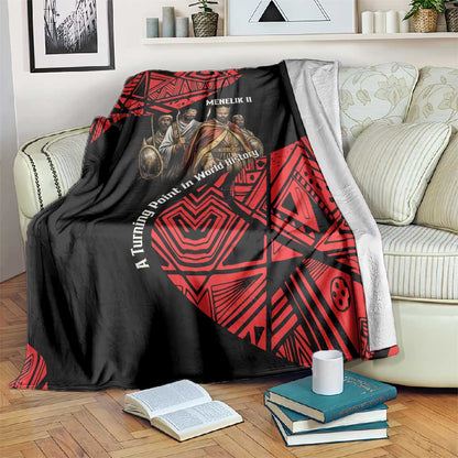 Menelik II Blanket with Adwa Victory Map, Africa Defeated an Empire Text and Red Geometric - African Pride