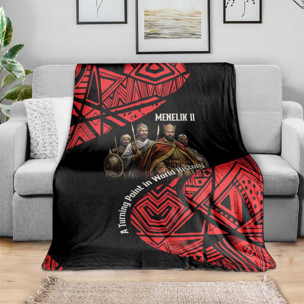 Menelik II Blanket with Adwa Victory Map, Africa Defeated an Empire Text and Red Geometric - African Pride
