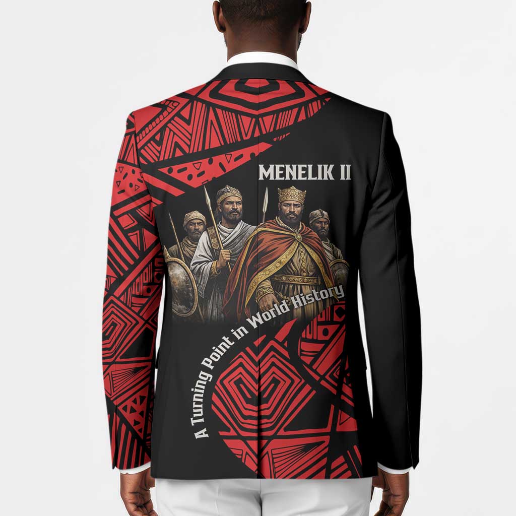Menelik II Blazer with Adwa Victory Map, Africa Defeated an Empire Text and Red Geometric - African Pride