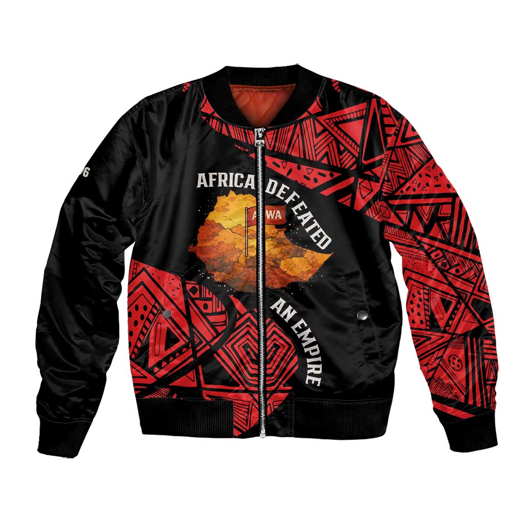 Menelik II Bomber Jacket with Adwa Victory Map, Africa Defeated an Empire Text and Red Geometric - African Pride