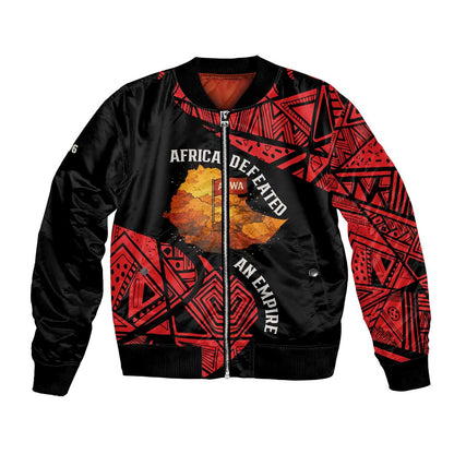 Menelik II Bomber Jacket with Adwa Victory Map, Africa Defeated an Empire Text and Red Geometric - African Pride