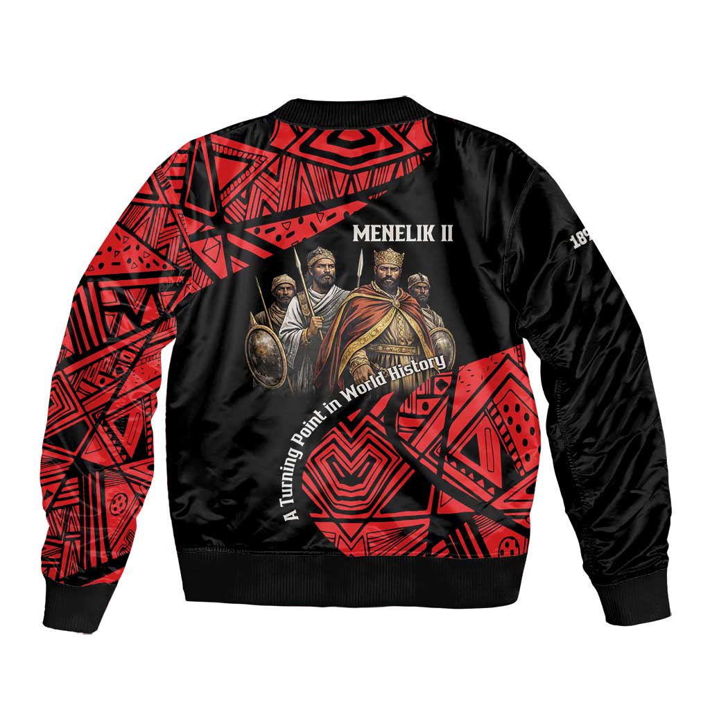 Menelik II Bomber Jacket with Adwa Victory Map, Africa Defeated an Empire Text and Red Geometric - African Pride