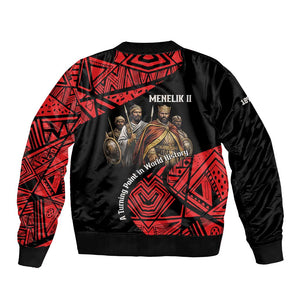Menelik II Bomber Jacket with Adwa Victory Map, Africa Defeated an Empire Text and Red Geometric - African Pride