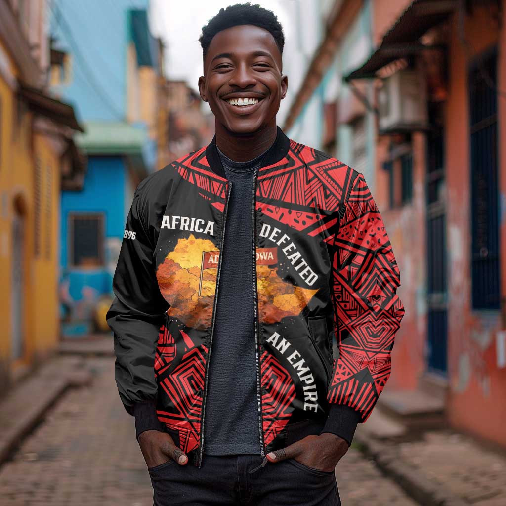 Menelik II Bomber Jacket with Adwa Victory Map, Africa Defeated an Empire Text and Red Geometric - African Pride