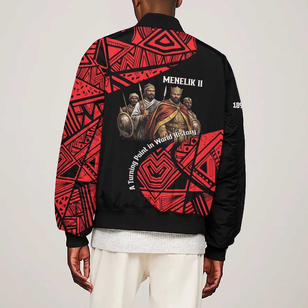 Menelik II Bomber Jacket with Adwa Victory Map, Africa Defeated an Empire Text and Red Geometric - African Pride
