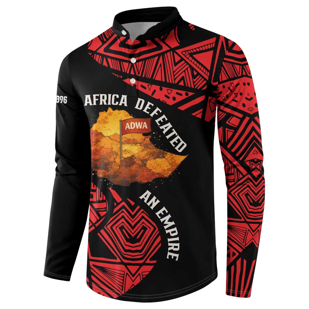 Menelik II Button Sweatshirt with Adwa Victory Map, Africa Defeated an Empire Text and Red Geometric