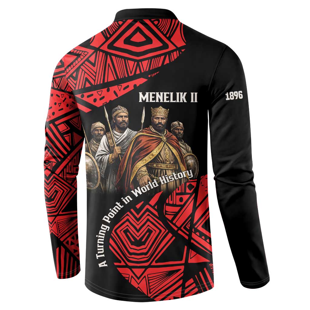 Menelik II Button Sweatshirt with Adwa Victory Map, Africa Defeated an Empire Text and Red Geometric