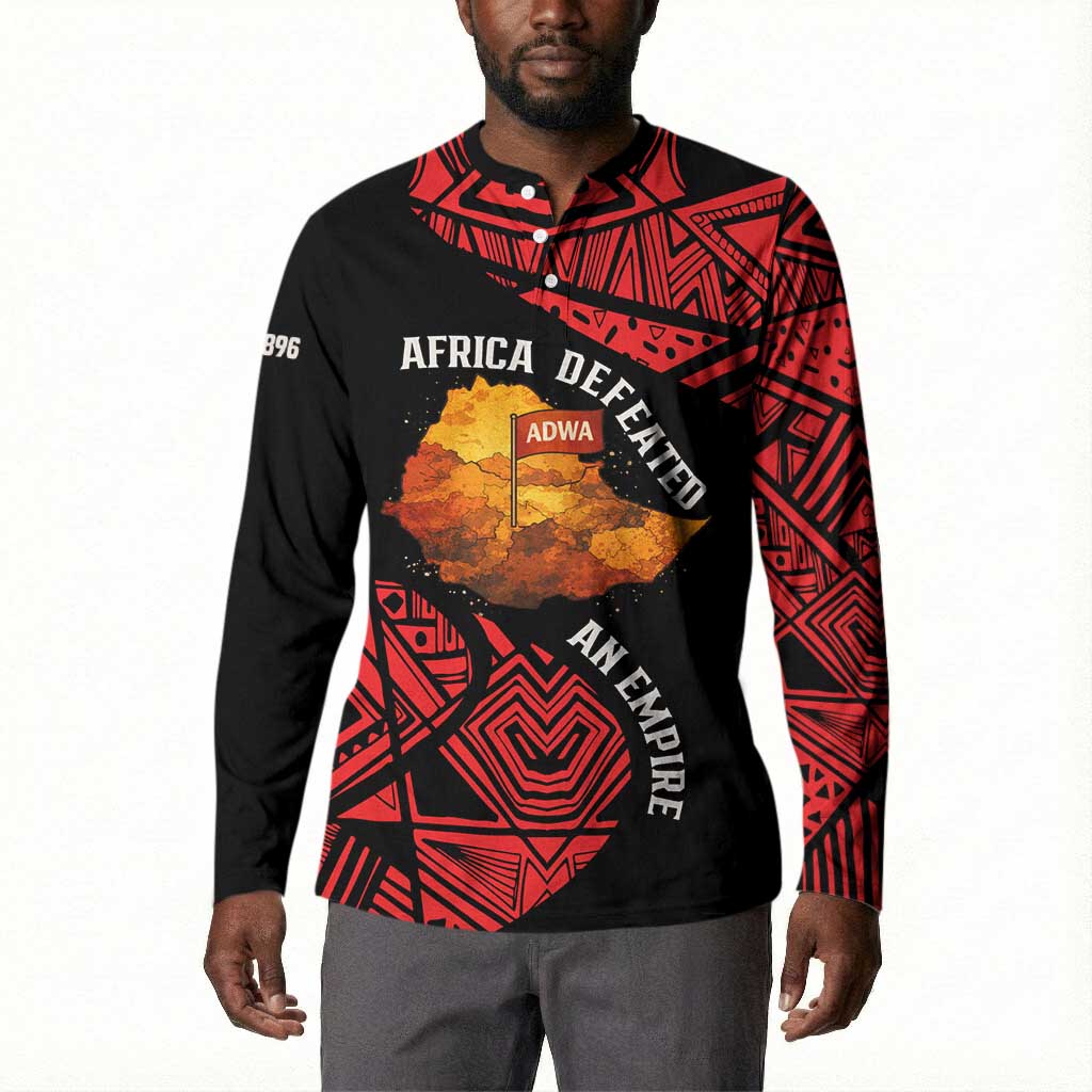 Menelik II Button Sweatshirt with Adwa Victory Map, Africa Defeated an Empire Text and Red Geometric