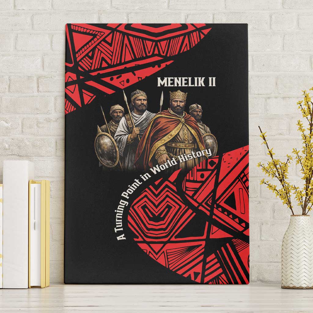 Menelik II Canvas Wall Art with Adwa Victory Map, Africa Defeated an Empire Text and Red Geometric - African Pride