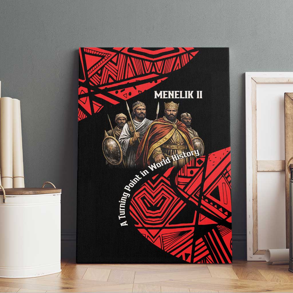 Menelik II Canvas Wall Art with Adwa Victory Map, Africa Defeated an Empire Text and Red Geometric - African Pride