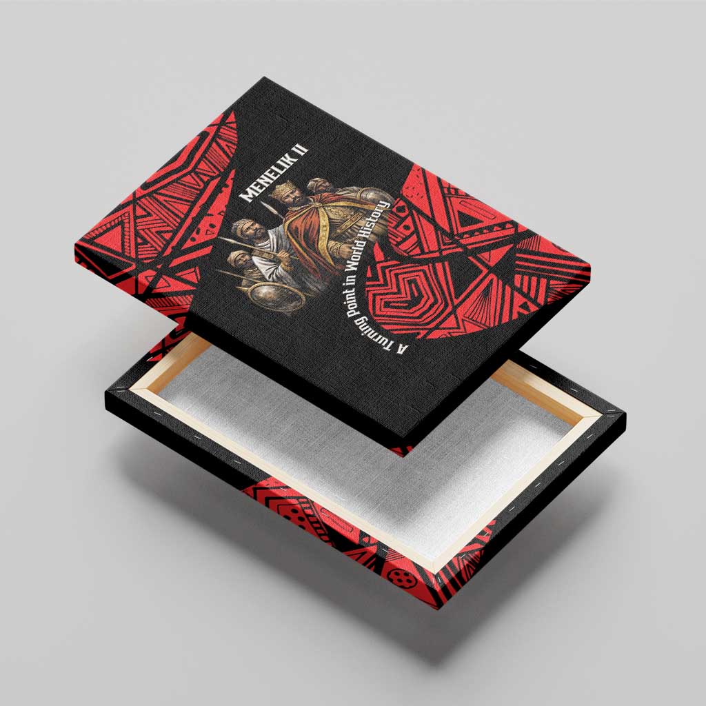 Menelik II Canvas Wall Art with Adwa Victory Map, Africa Defeated an Empire Text and Red Geometric - African Pride